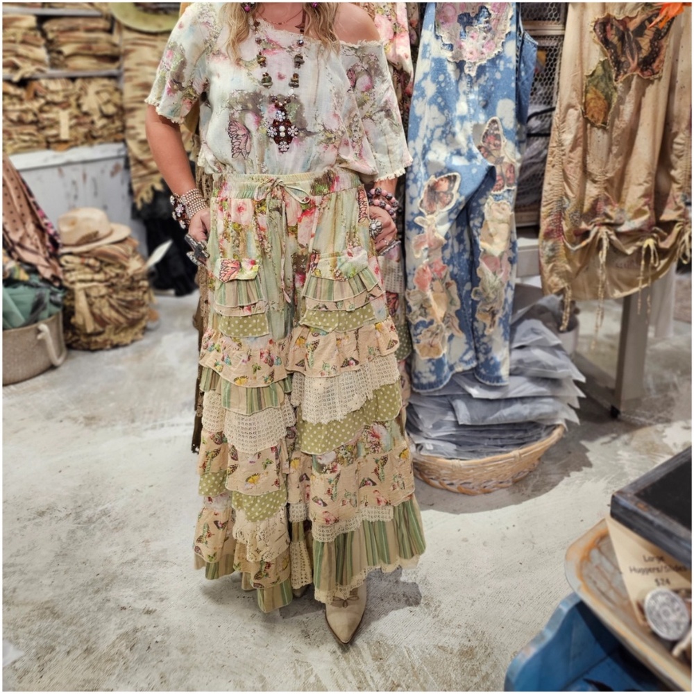 Boho Cotton Floral Butterfly Print Stretchy Waist Ruffle detail Pants